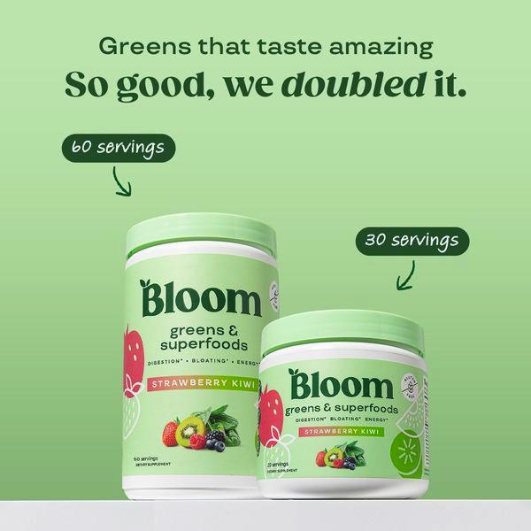 This creative showcases two different jar sizes of superfood greens, highlighting the 60-serving and 30-serving options to drive product value.